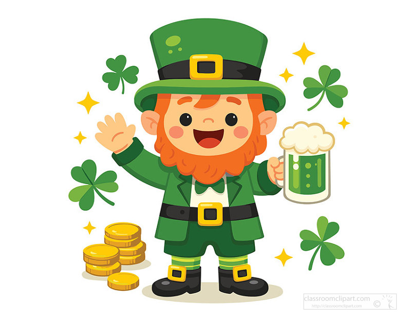 Cheerful leprechaun cartoon with beer shamrocks and gold for saint patricks day