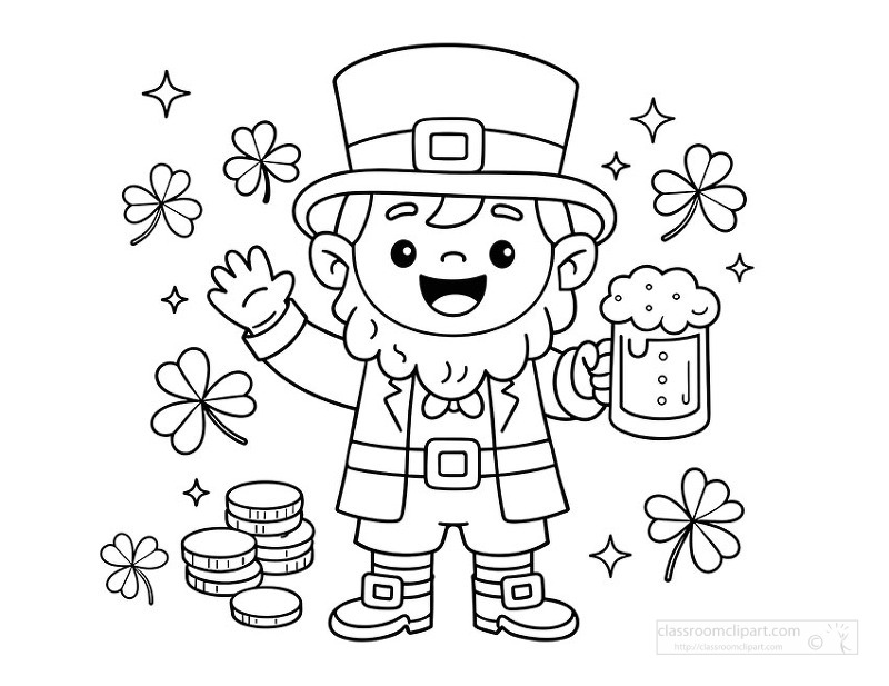 Fun saint patricks day leprechaun with coins and shamrocks for coloring activities