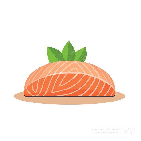 vector illustration of a cooked salmon fillet with leaf garnish on a white surface