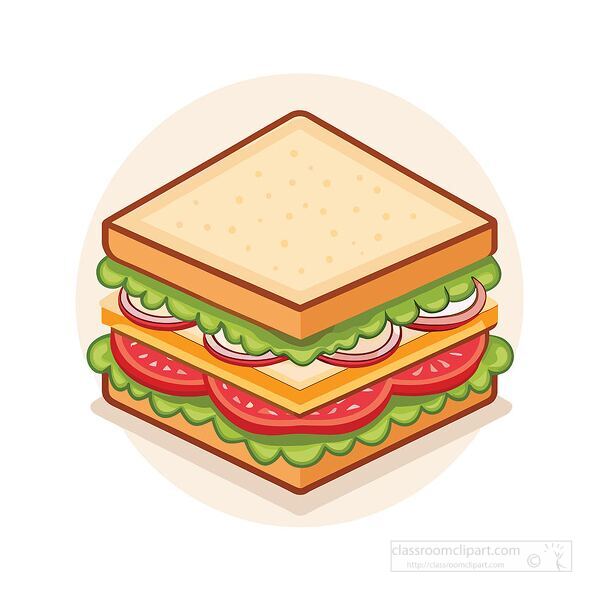 ayered sandwich with lettuce, tomato, cheese, and bread drawn in bright flat vector style
