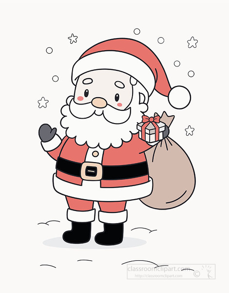 Cute santa dressed in red holding a gift bag standing in snowy winter with stars