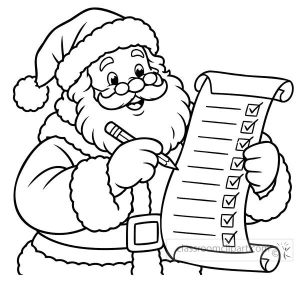 Black and white coloring page of Santa Claus holding a long Christmas checklist with checked boxes and a pencil