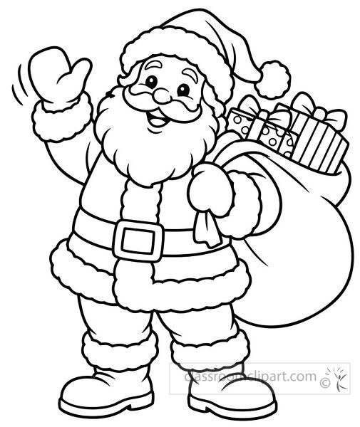 Black and white coloring page of Santa Claus waving while carrying a large sack filled with wrapped Christmas gifts