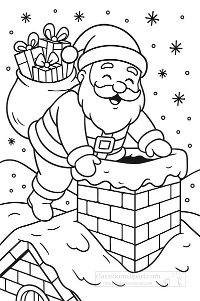 Santa climbing into a chimney on a snowy rooftop carrying gifts with snowflakes falling above