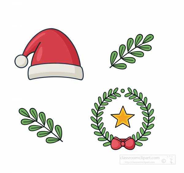 Santa hat green leaf branches and Christmas wreath with bow and star