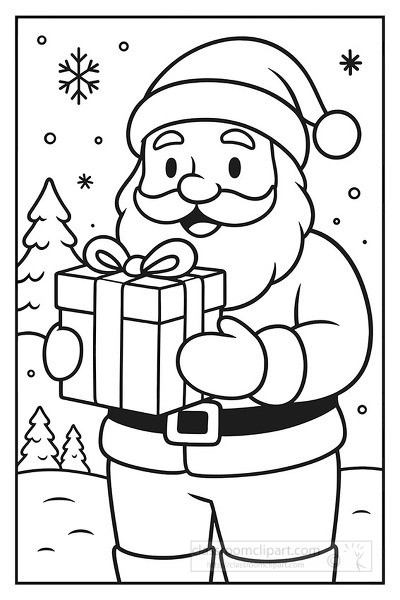Santa holding a wrapped christmas gift with trees and snowflakes in the background ready for holiday fun