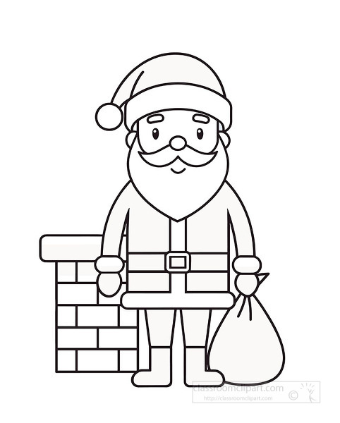 Smiling santa standing beside a brick chimney with a gift bag ready to deliver presents