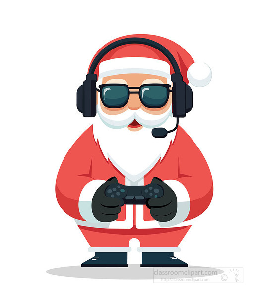 fun Santa Claus character plays a video game while wearing a headset and sunglasses perfect for Christmas gamers