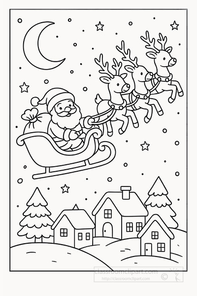 Santa and his reindeer team flying in the night sky above Christmas village coloring sheet