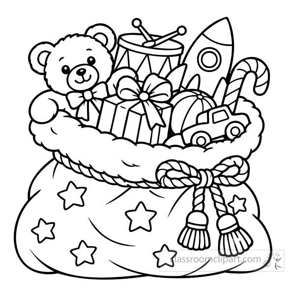 Black and white coloring page of a large Santa toy sack filled with toys candy cane wrapped gift and teddy bear