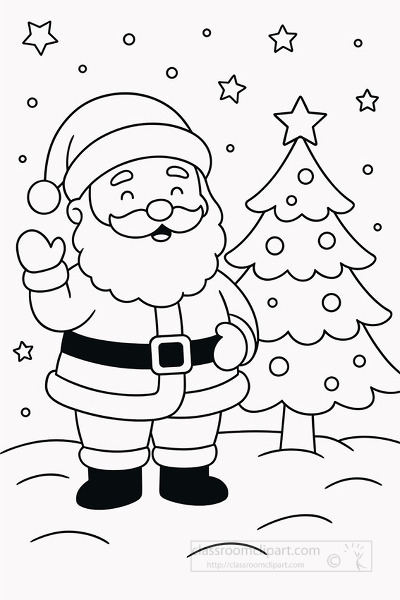 Jolly santa waving with a decorated christmas tree and snowfall in the background