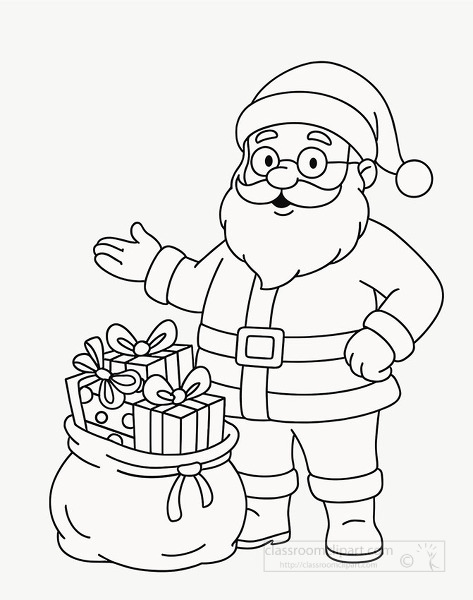 Happy santa holding a bag of wrapped presents wearing a hat coat and boots ready for christmas joy