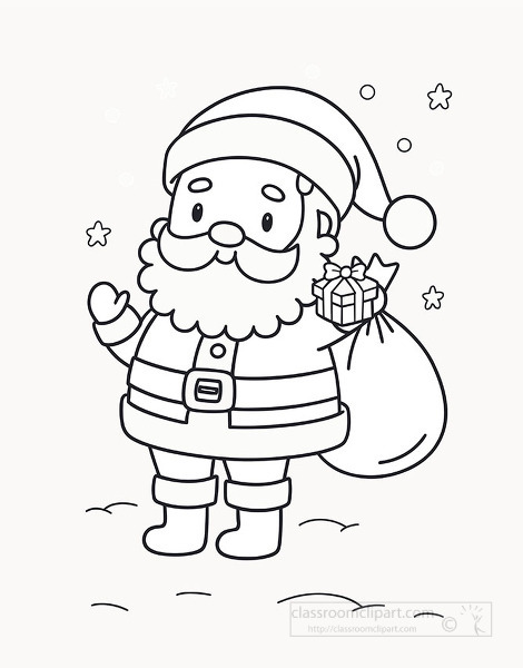 Happy santa standing in winter snow carrying a sack full of gifts with stars and snowflakes falling