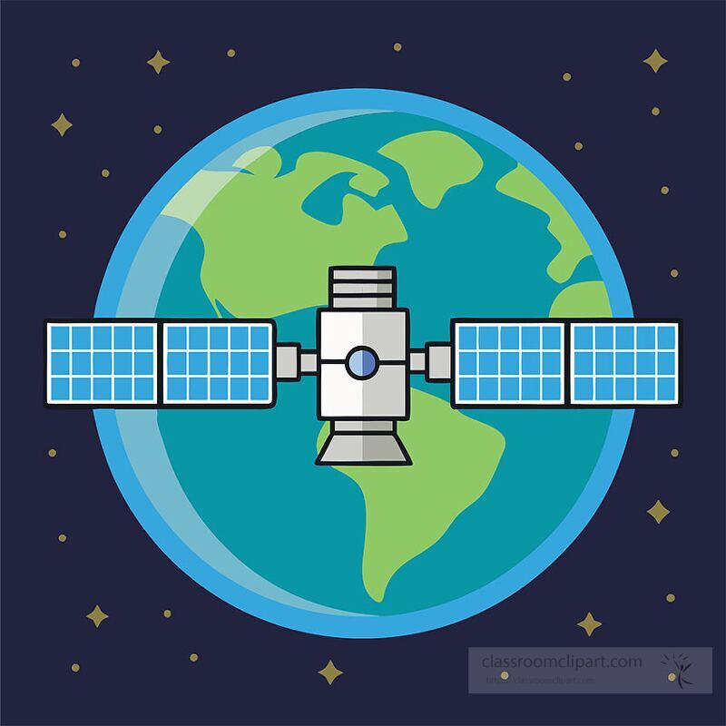 A satellite is depicted flying towards Earth showcasing intricate details of its solar panels and the planets colorful continents. This artwork highlights space exploration and technology.