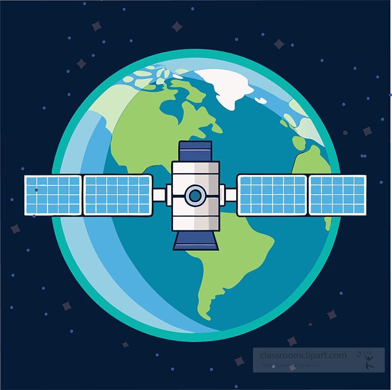 A satellite is depicted in orbit around Earth showcasing solar panels and intricate details. This design highlights the relationship between technology and our planet.