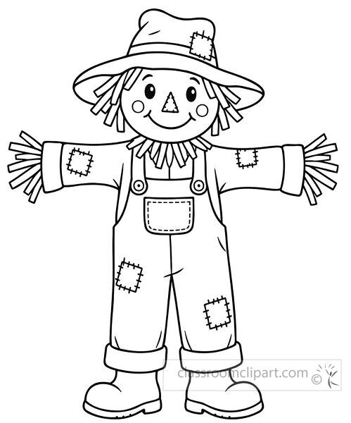 Smiling scarecrow wearing a patched hat overalls boots and straw sleeves in a fall coloring page style