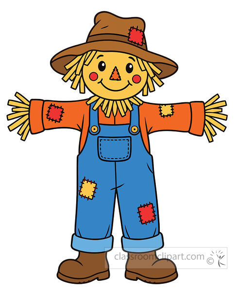 Smiling scarecrow wearing a brown patched hat orange shirt blue overalls and brown boots with straw hands