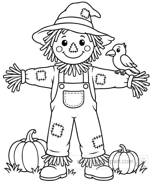 Black and white coloring page of a smiling scarecrow with outstretched arms a crow and pumpkins