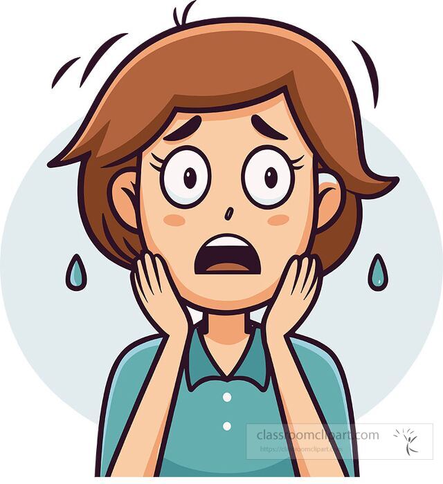 An expressive cartoon woman in shock or fear, ideal for storytelling, emotions teaching and social media graphics