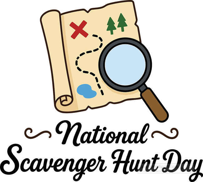 National Scavenger Hunt Day text with treasure map magnifying glass compass and binoculars