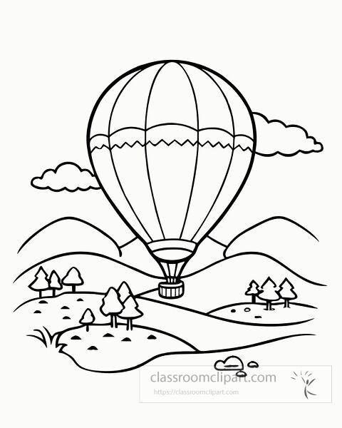 hot air balloon over countryside coloring page