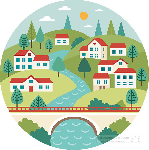 Charming village scene with red roof houses trees green hills and a winding river flowing under a bridge inside a round frame