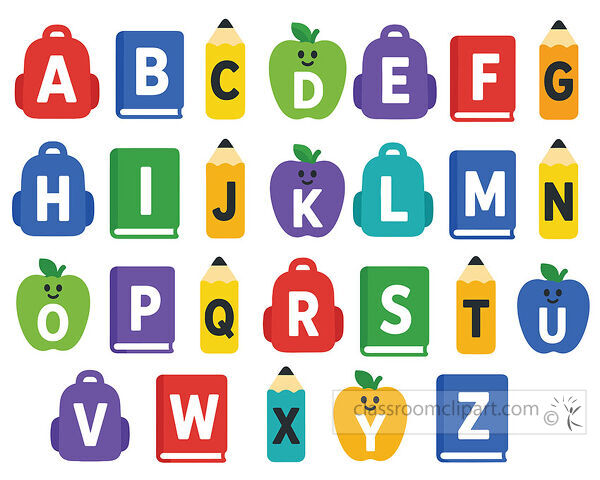 School alphabet with letters on backpacks books pencils and smiling apples for classroom learning