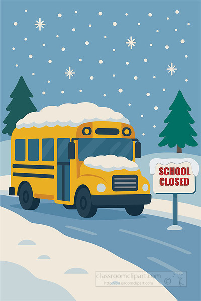 yellow school bus drives along a snowy road with a school closed sign in winter
