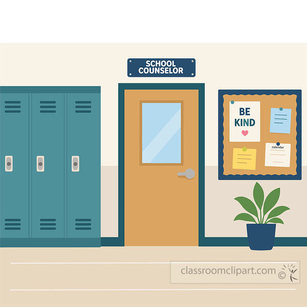 School counselor hallway scene with lockers an office door a kindness board and a potted plant