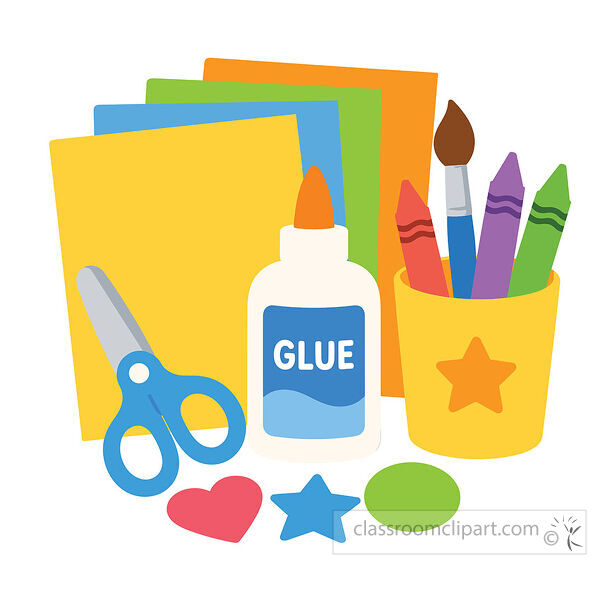 Craft supplies clipart with colored paper glue scissors crayons paint brush and small cutout shapes