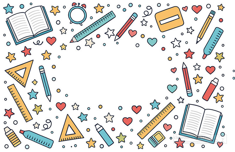 Playful school supplies border frame with pencils rulers books and stars