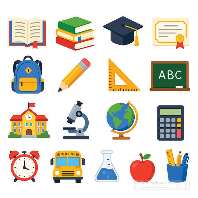 School supplies education icon set with books cap certificate backpack pencil ruler chalkboard microscope globe and bus