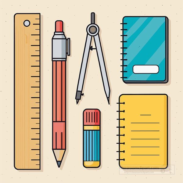 colorful flat vector illustration of school stationery items like ruler pencil eraser compass and notebooks perfect for education themes