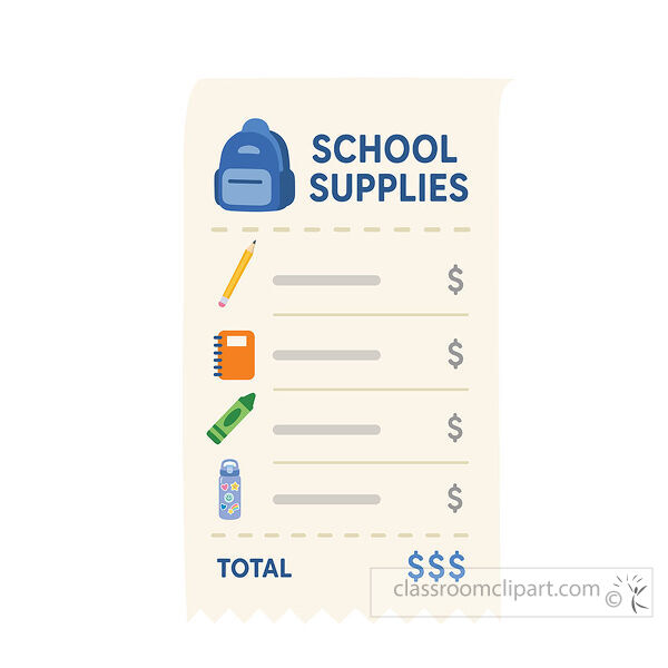 School supplies list receipt clipart with item icons price lines dollar signs and total at the bottom