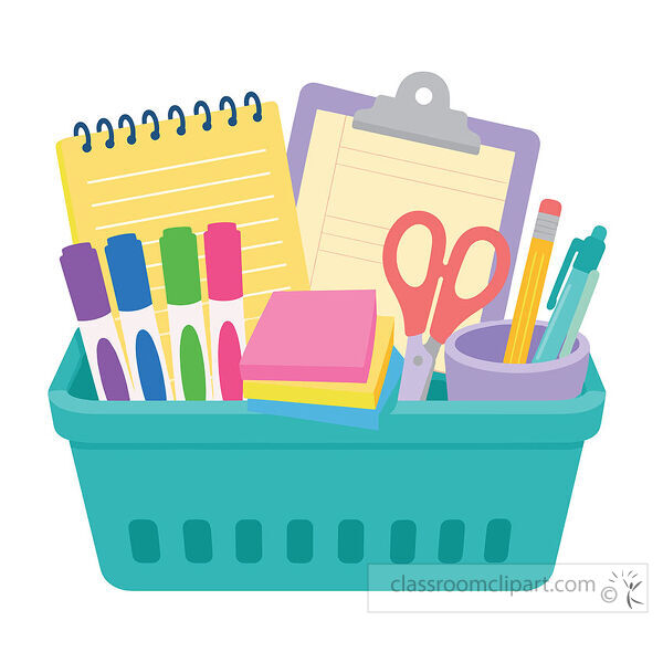 Detailed clipart of a teal school supply basket with scissors markers clipboard sticky notes pencils and pen