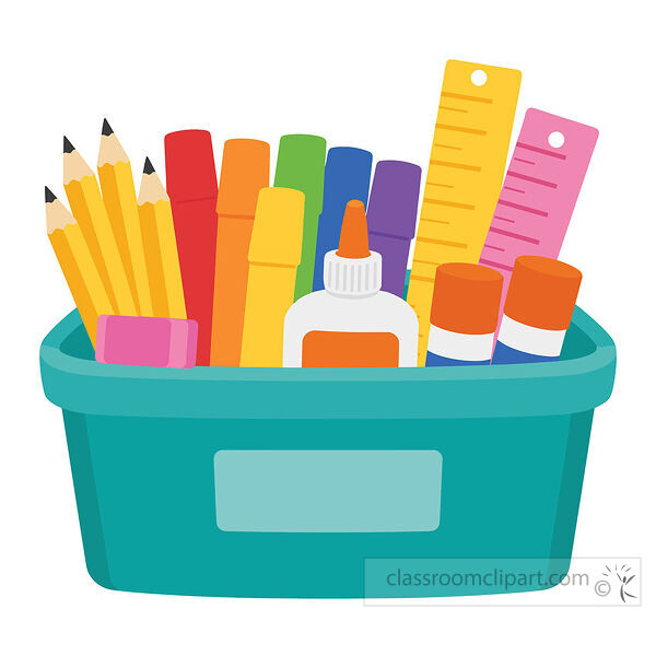 Bright clipart of a teal school supply bin filled with pencils markers rulers glue and glue sticks