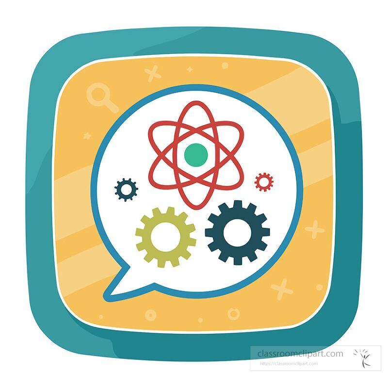 Colorful clip art features a speech bubble filled with gears and an atom symbol representing communication in science and technology A bright background enhances the educational theme