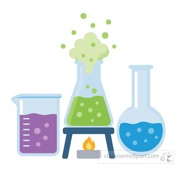 Science experiment clipart with beakers blue and purple liquid and a green bubbling chemical reaction