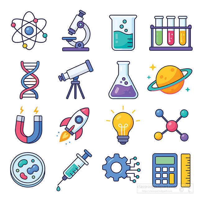 Science color icon set with atom microscope beaker test tubes DNA telescope flask planet rocket bulb molecule and syringe