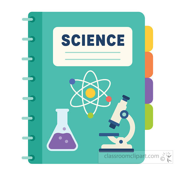 science notebook with an atom symbol a purple beaker microscope and colored side tabs