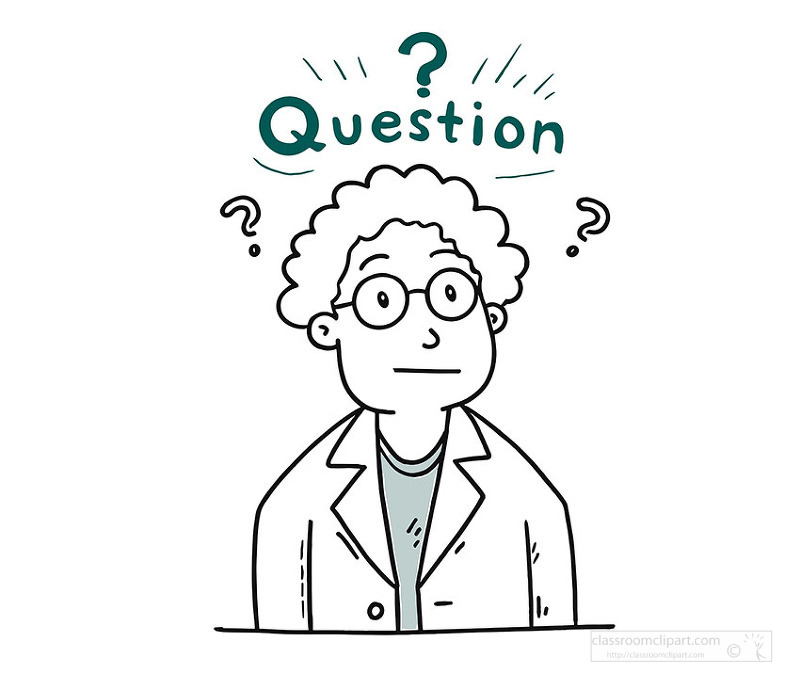 Curious scientist thinking deeply with question symbols and thoughtful expression