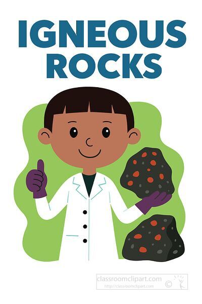 Cartoon scientist in a white lab coat holding igneous rocks educational geology clipart for classroom science lessons