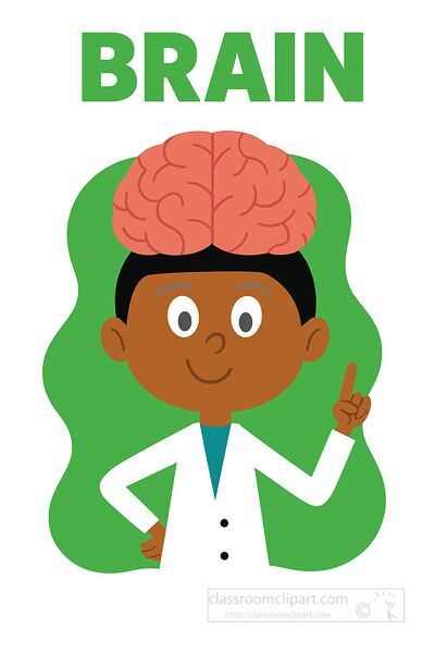 un cartoon scientist pointing at a large human brain illustration for anatomy and science education