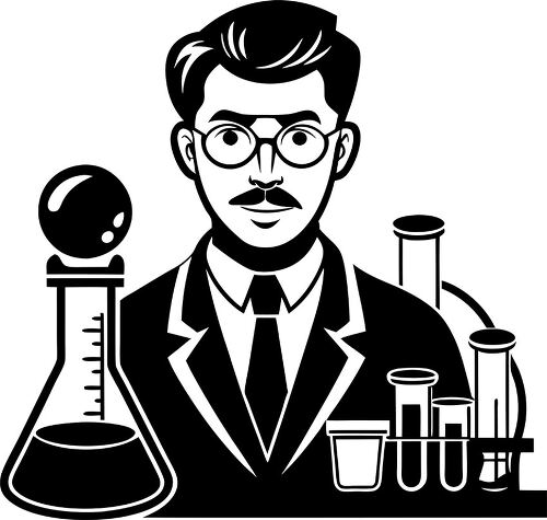 Scientist silhouette surrounded by lab equipment and tools