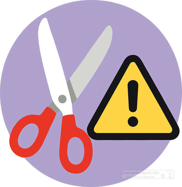 Open scissors with red handles beside a yellow warning triangle on a purple circle background