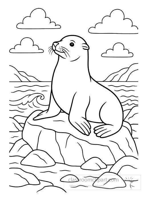 sea lion on a rocky shoreline with waves and clouds in the background