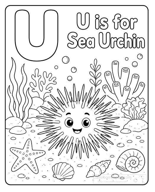 Black and white coloring page showing a smiling sea urchin with long spikes underwater with shells coral bubbles and a large letter U