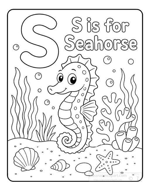 Black and white coloring page showing a smiling seahorse underwater with coral seaweed shells bubbles and a large letter S