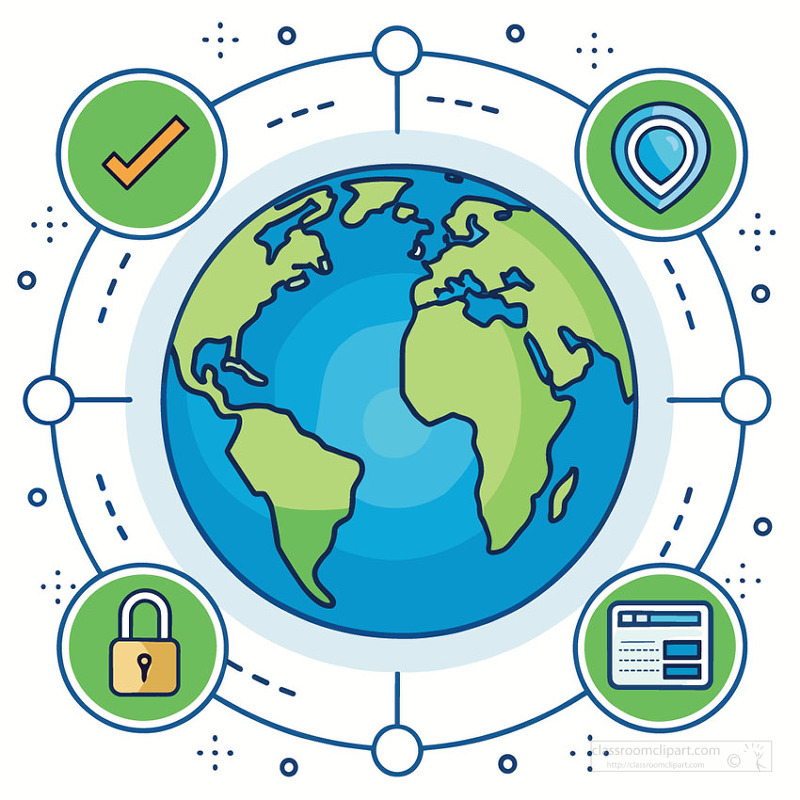 Blue and green globe is encircled by icons for privacy safety and security representing protected global internet networks and online data protection
