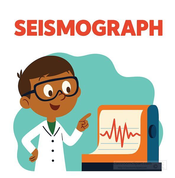 Cartoon educational clipart of a scientist with a seismograph machine measuring earthquake waves and seismic activity